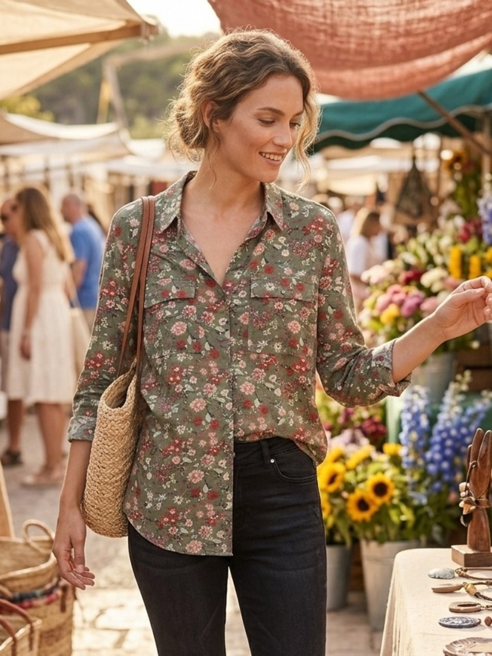 Next Olive Green Floral Button-Down Shirt - Size 12